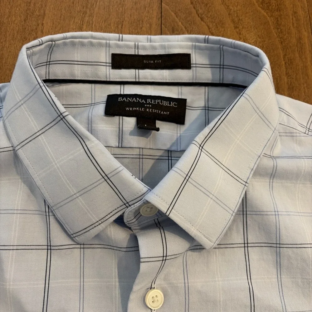 Banana Republic Wrinkle Resistant Slim Fit Blue/White Plaid Dress Shirt L